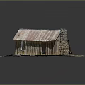 Rustic Wooden Cabin Model With Rusted Metal Roof And Stone Chimney