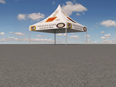 White Pointed Top Traveling Festival Tent With Blue Sky And Gray Paved Ground 3d model
