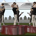 Two Person Dance Poses On Red And White Platform In Green Grass Field With Canopy