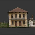 Old Two Story Building With Red Tile Roof Yellow Walls And Ruined Surrounding Grass