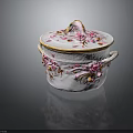 Porcelain Covered Pot With Pink Floral Decorations Gold Accents And Side Handles