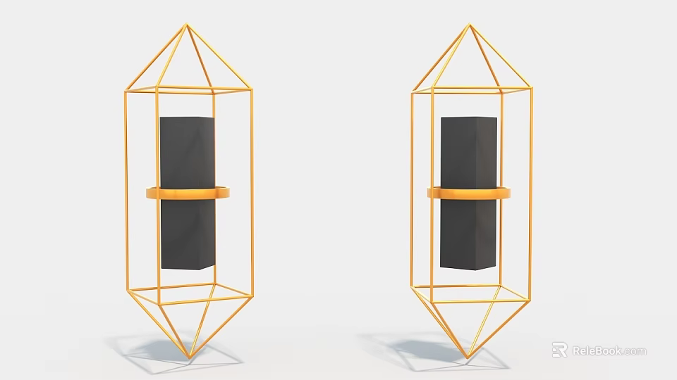 Symmetric Modern Art Installation With Golden Geometric Frames And Black Blocks 3d model 