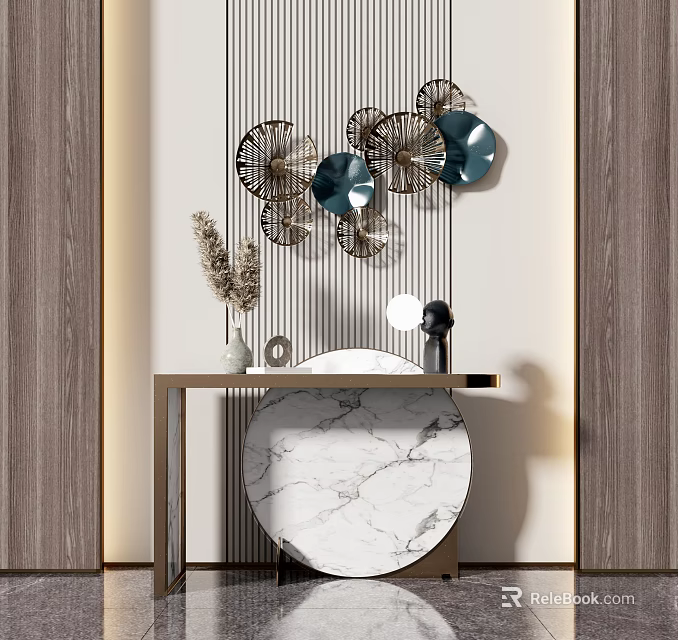 Modern Console Table With Marble Top Circular Metal Wall Decor Vase And Table Lamp 3d model