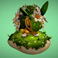 Floral Hedgehog Creature With Green Leaves White Daisies On Grass Base Against Green Background