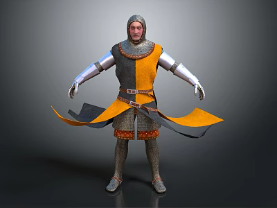 Medieval Knight Standing In Yellow Black Armor With Metallic Arm Guards And Flowing Hem 3d model
