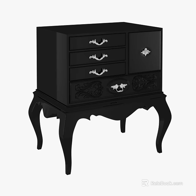 Elegant Black Decorative Cabinet With Drawers Silver Handles And Carved Legs 3d model 