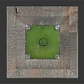 Ancient Architecture Courtyard With Arched Arcades Tiled Roof And Central Green Lawn