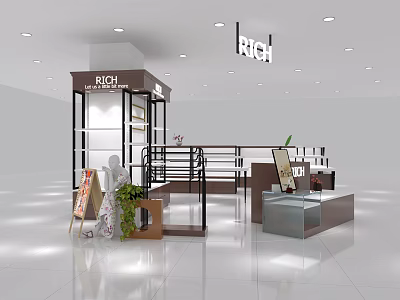 Modern RICH Retail Store Interior With Display Shelves Counter Signage And Decorative Plants 3d model