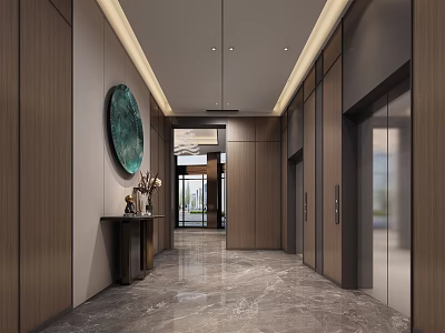 Modern Elevator Hallway With Wooden Panel Walls Marble Floor And Round Decorative Painting 3d model