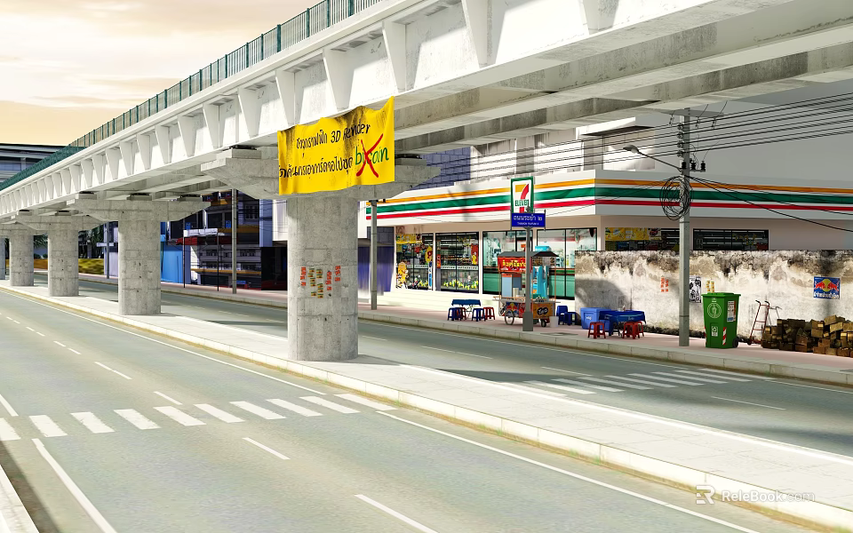Concrete Viaduct Over City Street With Convenience Store Yellow Banner And Sidewalk 3d model 