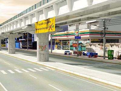 Concrete Viaduct Over City Street With Convenience Store Yellow Banner And Sidewalk 3d model