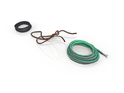 Essential Household Supplies Including Black Ring Brown Rope And Green Cable 3d model