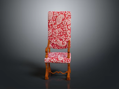 Traditional Wooden Chair With Red And White Patterned Upholstery And Carved Details 3d model