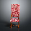 Traditional Wooden Chair With Red And White Patterned Upholstery And Carved Details