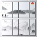 Chinese Ink Wash Landscape Painting with Misty Mountains Flying Birds and Small Boat Under Sun