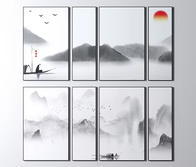 Chinese Ink Wash Landscape Painting with Misty Mountains Flying Birds and Small Boat Under Sun 3d model