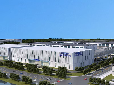 Modern Industrial Factory Building Design With Large Glass Windows Steel Structure And Green Surroundings 3d model