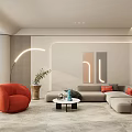 Modern Living Room Interior With Light Gray L Shaped Sofa Orange Armchair And Wall Art