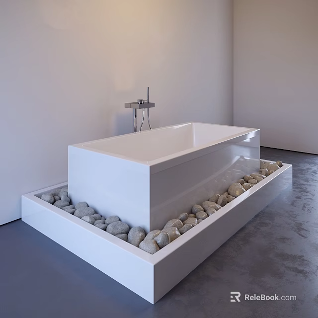 White Freestanding Bathtub On Platform Surrounded By Pebbles With Modern Faucet 3d model 