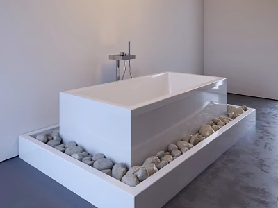 White Freestanding Bathtub On Platform Surrounded By Pebbles With Modern Faucet 3d model