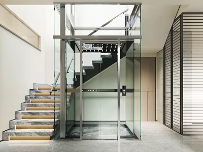 Modern Glass Elevator Interior With Staircase In Contemporary Indoor Building 3d model