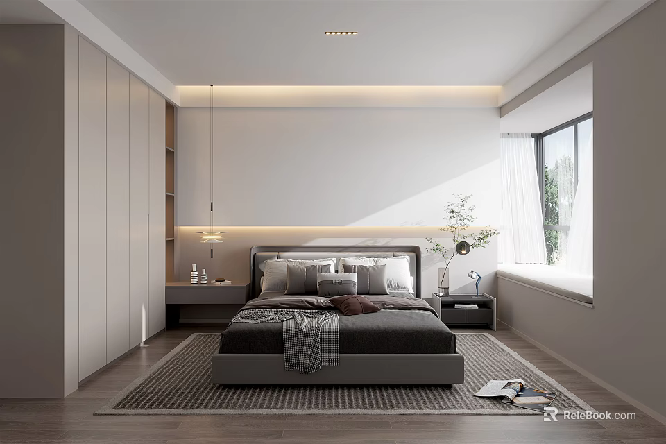 Modern Bedroom Interior Design With King Bed Wardrobe Area Carpet And Window Lighting 3d model