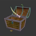 Vintage Open Wooden Chest With Curved Sword Inside And Metal Edges