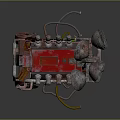 Industrial Mechanical Device With Multiple Horns And Red Engine Components