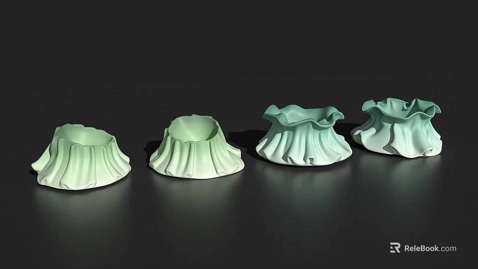 Four Light Green Ceramic Vessels With Ruffled Edges On Dark Surface 3d model 