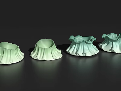 Four Light Green Ceramic Vessels With Ruffled Edges On Dark Surface 3d model
