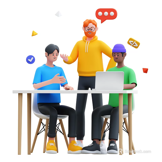 Standing man and seated men at table using laptop with colorful icons 3d model 