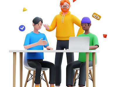 Standing man and seated men at table using laptop with colorful icons 3d model