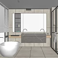 Modern Bathroom Interior With White Bathtub Marble Countertop Large Mirror Open Shower And Window Blinds