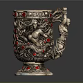 Decorative Silver Cup With Carved Female Figure And Red Gemstones Accents