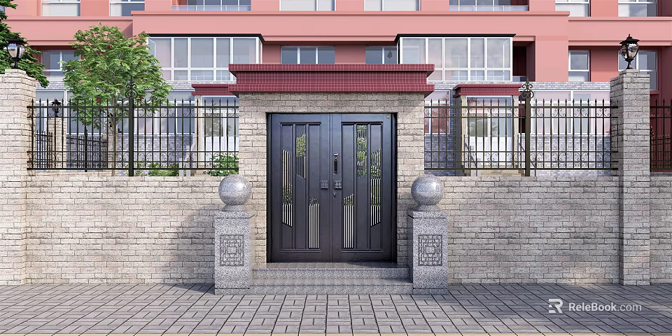 Black Double Door Entrance Gate With Stone Pillars Spherical Decorations Brick Wall And Red Building 3d model 