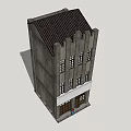 Retro Style Commercial Complex With Multi Storey Facade Windows And Entrance