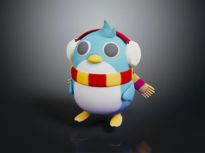 Cute Blue Bird Character With White Earmuffs Red Yellow Scarf And Yellow Beak Feet 3d model