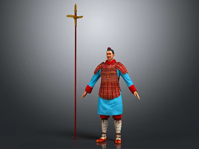 Ancient Chinese Soldier Wearing Traditional Armor With Blue Robe And Red Spear 3d model