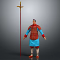 Ancient Chinese Soldier Wearing Traditional Armor With Blue Robe And Red Spear