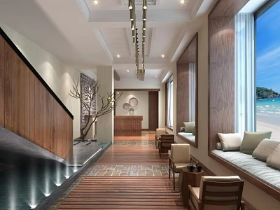 Modern Elevator Hallway With Wooden Accents Large Windows Sea View And Bench Seating 3d model