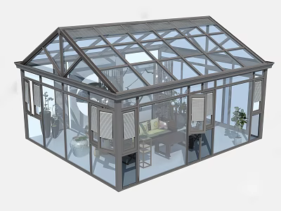 Modern Glass Enclosed Villa Balcony With Transparent Roof And Interior Furniture Plants 3d model