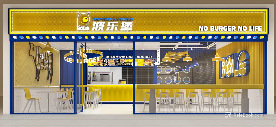 Bole Burger Restaurant Vibrant Yellow Blue Decor Open Dining Area With Counter Chairs Pendant Lights 3d model 