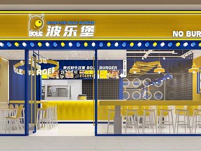 Bole Burger Restaurant Vibrant Yellow Blue Decor Open Dining Area With Counter Chairs Pendant Lights 3d model