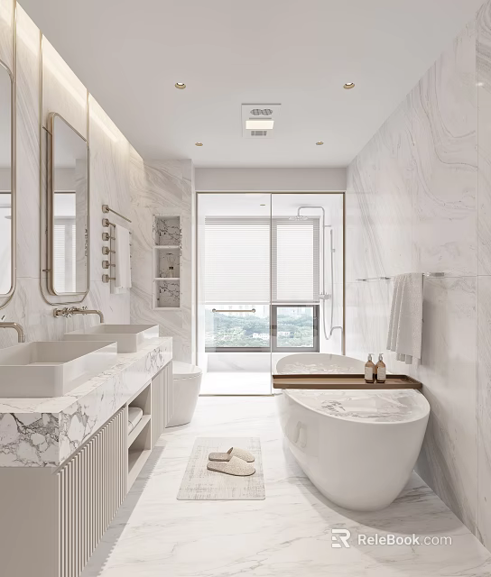 Modern Bathroom Interior Design With Marble Vanity Bathtub Large Mirror And Floor To Ceiling Window 3d model 
