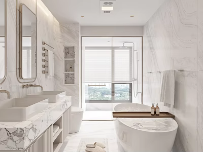 Modern Bathroom Interior Design With Marble Vanity Bathtub Large Mirror And Floor To Ceiling Window 3d model