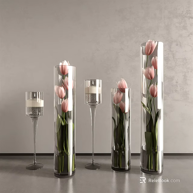 Pink Tulips in Glass Vases with Various Heights and Transparent Candle Holders on Dark Table 3d model 
