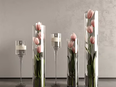 Pink Tulips in Glass Vases with Various Heights and Transparent Candle Holders on Dark Table 3d model