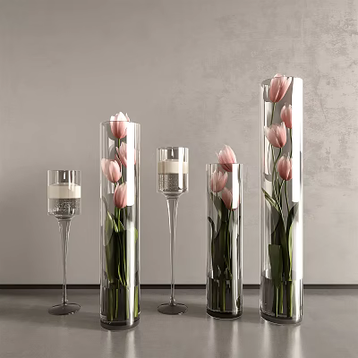 Pink Tulips in Glass Vases with Various Heights and Transparent Candle Holders on Dark Table 3d model