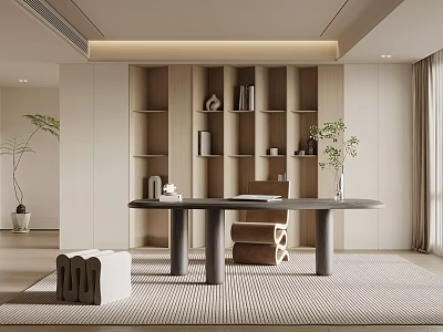 Modern Minimalist Study Room Interior With Wooden Bookshelves Round Table Potted Plants And Decor Items 3d model