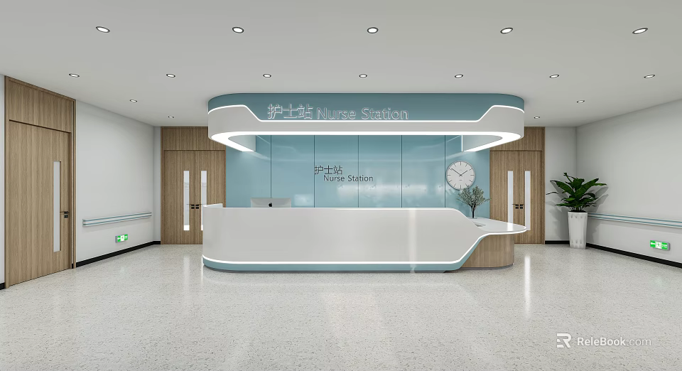 Hospital Outpatient Modern Nurse Station With Reception Desk And Clock 3d model 